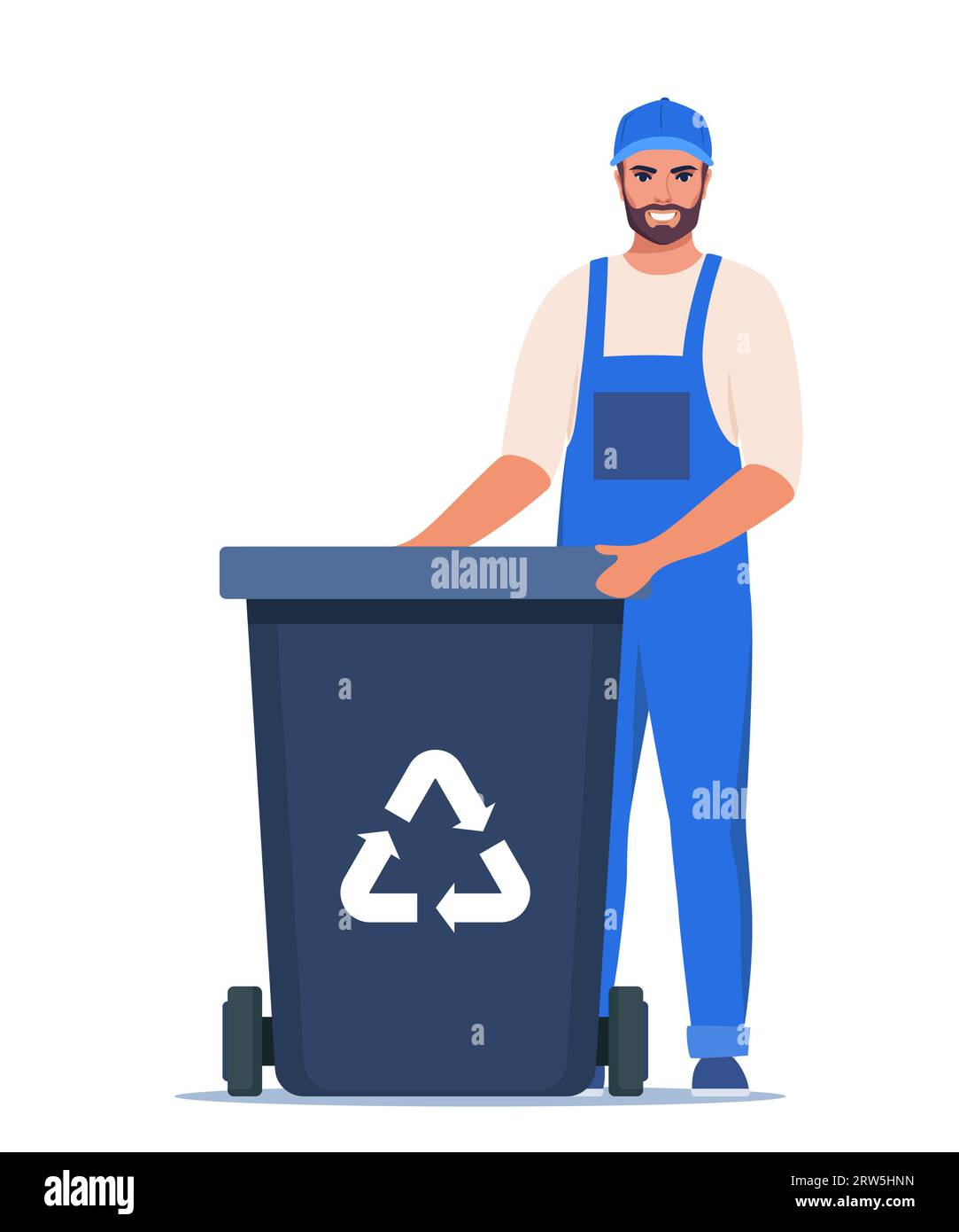 Garbage man in uniform with black trash bin and recycling symbol on it
