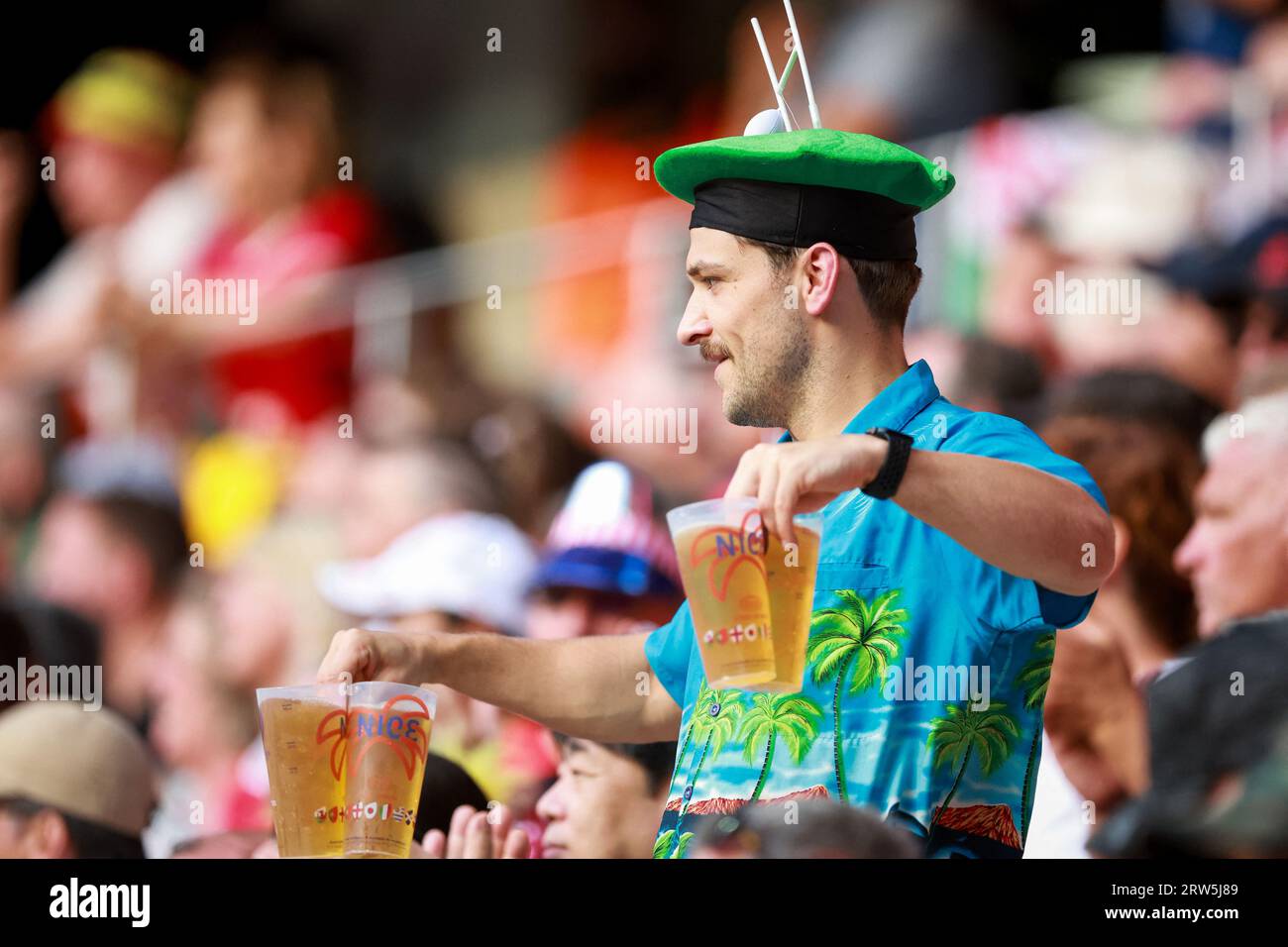 Fan with beers during the Rugby World Cup match between Wales and ...