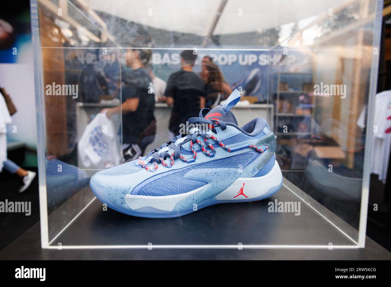 Bled, Slovenia. 16th Sep, 2023. Luka Doncic's second signature Jordan brand shoe, is on display during its unveiling event. The Luka 2 'Lake Bled', Luka Doncic's second signature Jordan brand shoe, was unveiled at a 3x3 basketball tournament on a basketball court floating on Lake Bled in Slovenia. Credit: SOPA Images Limited/Alamy Live News Stock Photo