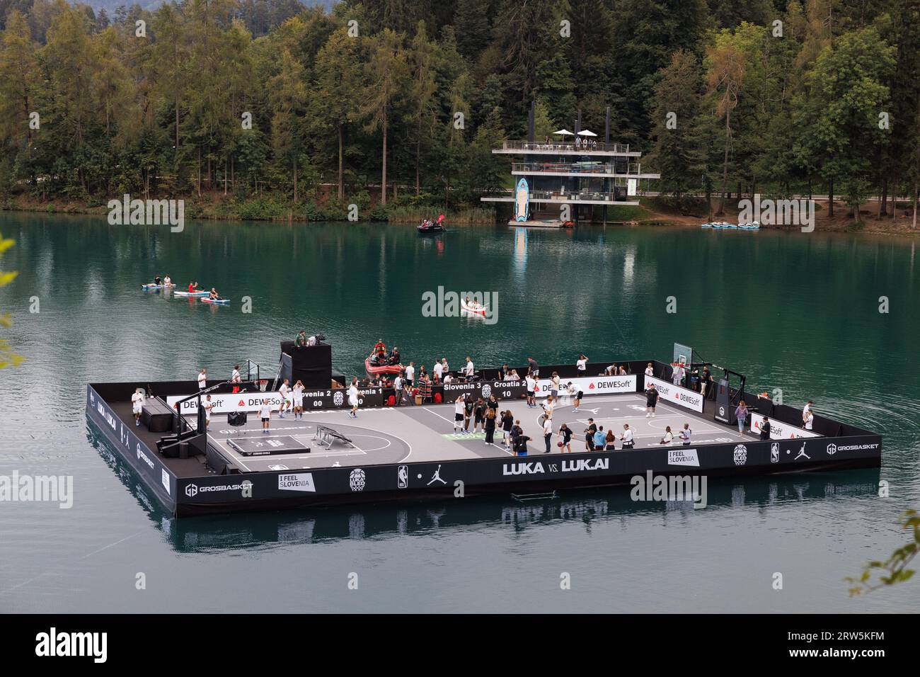 Bled, Slovenia. 16th Sep, 2023. A basketball tournament takes place on the  surface of Lake Bled during the unveiling event of Luka 2 Lake Bled, Luka  Doncic's second signature Jordan brand shoe.
