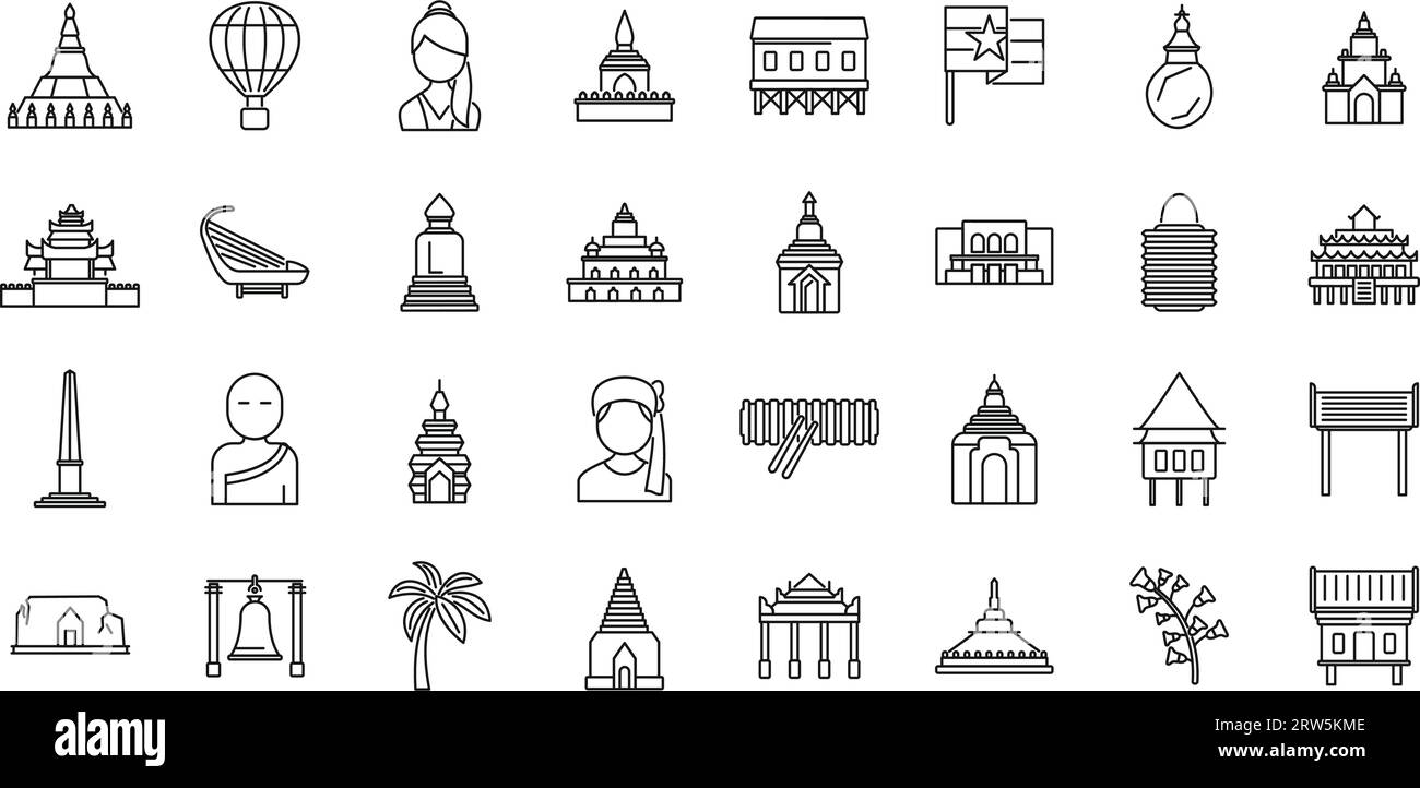 Myanmar icons set outline vector. Landmark map. Temple culture Stock Vector