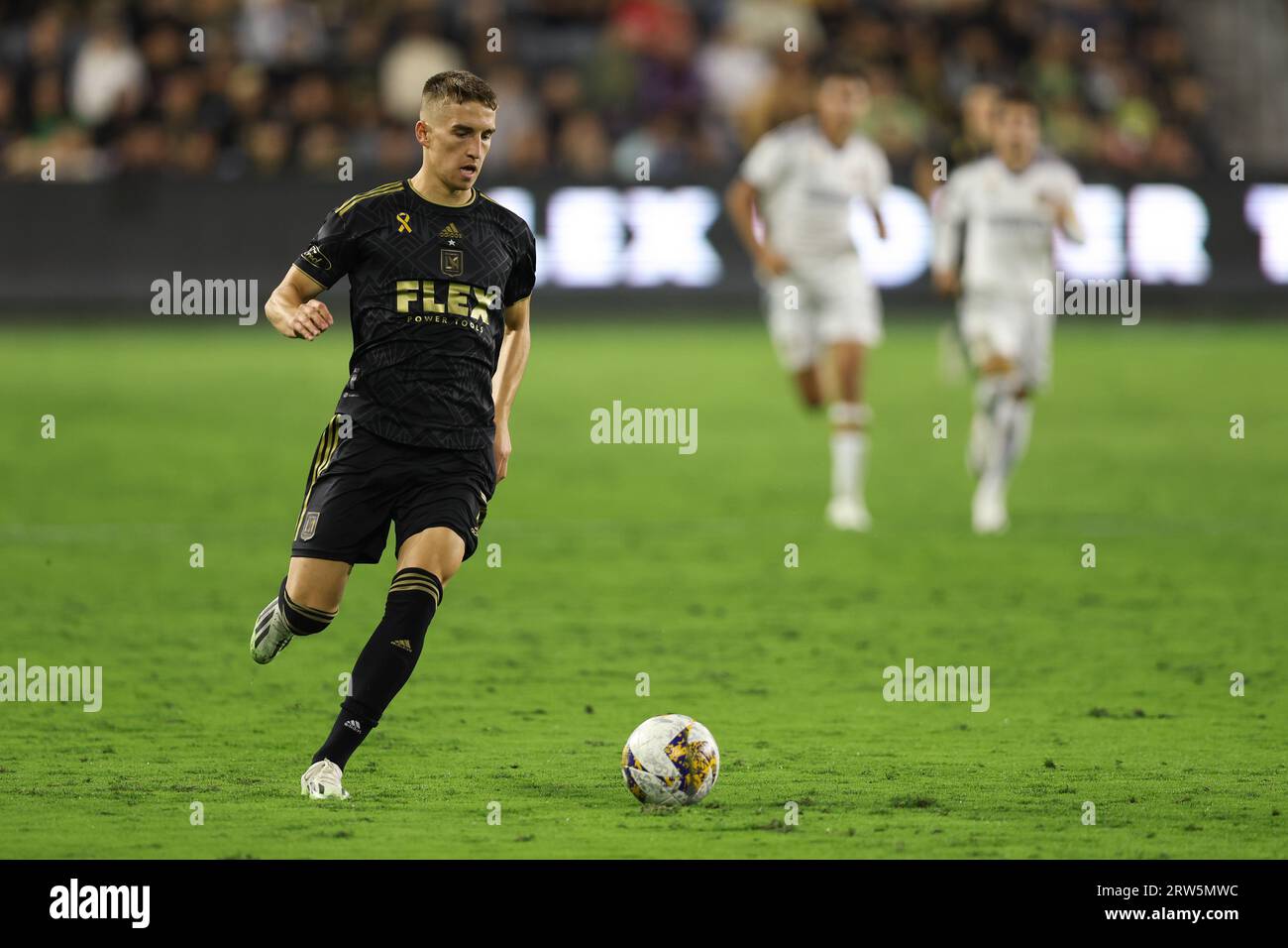 Los Angeles, California, USA. 16th Sep, 2023. Los Angeles FC forward STIPE BIUK (7) dribbles the ball during a MLS soccer match between Los Angeles Galaxy and Los Angeles FC at BMO Stadium in Los Angeles, California. (Credit Image: © Brenton Tse/ZUMA Press Wire) EDITORIAL USAGE ONLY! Not for Commercial USAGE! Stock Photo