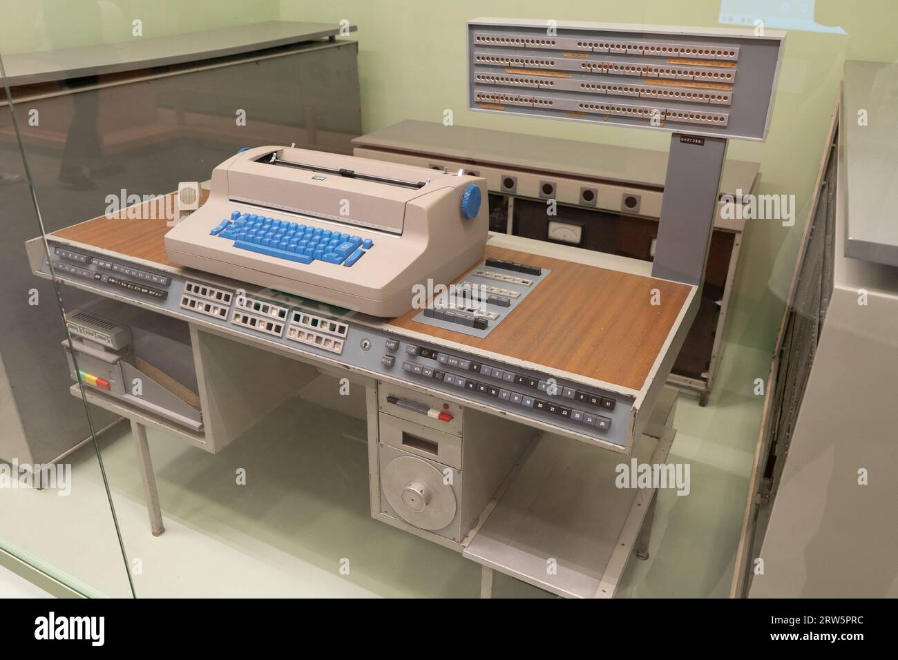 Old IBM computer. Retro Engineering. First prototype. IBM big machine. Poland. Warsaw - July 28 2023 Stock Photo