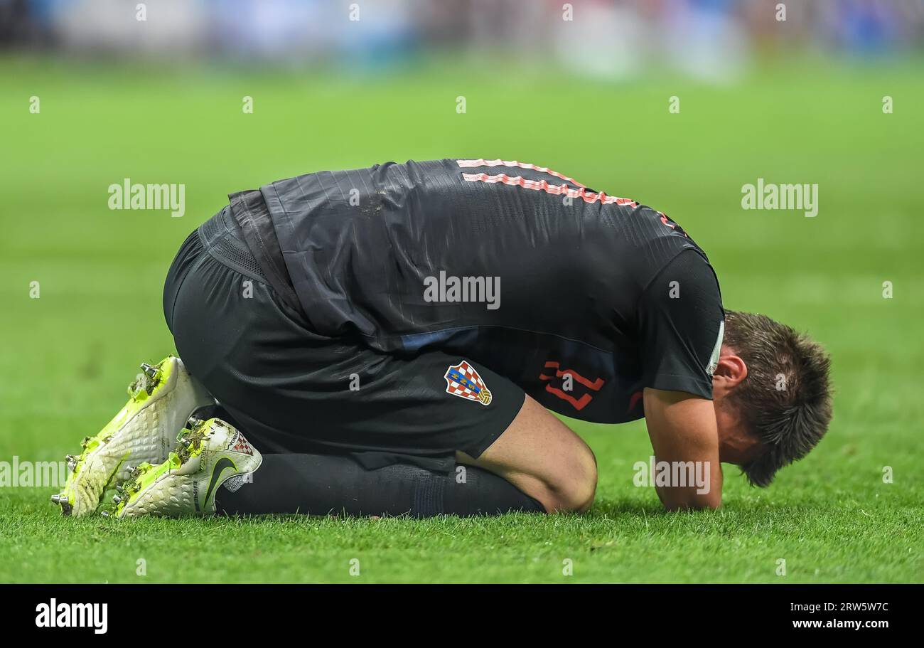 Sochi, Russia – July 7, 2018. Croatia national football team striker Mario Mandzukic on the pitch after suffering an injury during World Cup 2018 quar Stock Photo