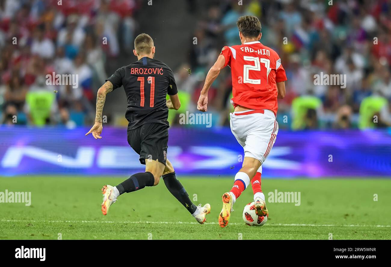 Sochi, Russia – July 7, 2018. Croatia national football team midfielder Marcelo Brozovic and Russia midfielder Alexander Erokhin during World Cup 2018 Stock Photo