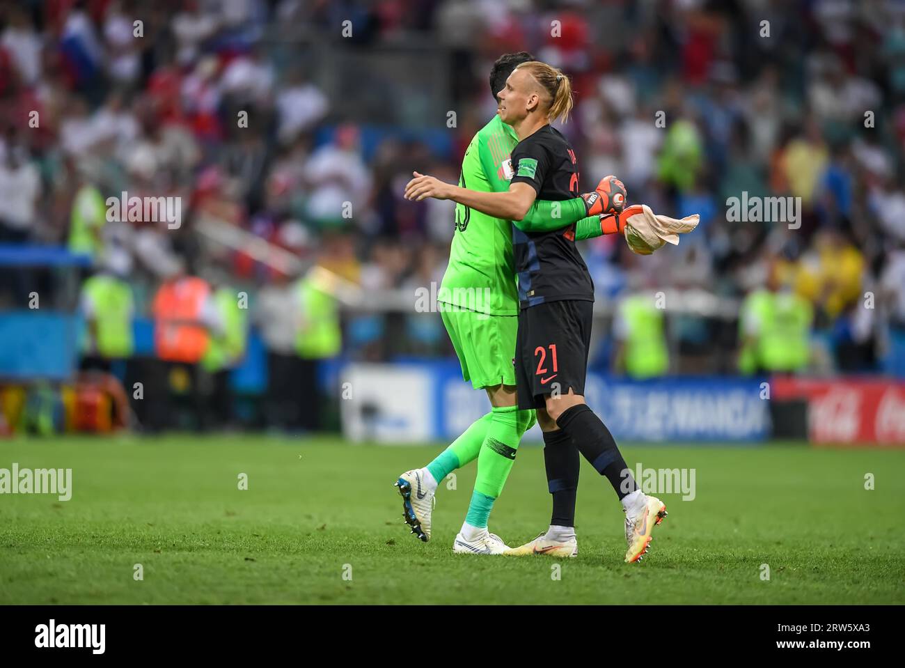 Sochi, Russia – July 7, 2018. Croatia national football team defender Domagoj Vida and goalkeeper Danijel Subasic during World Cup 2018 quarter-final Stock Photo