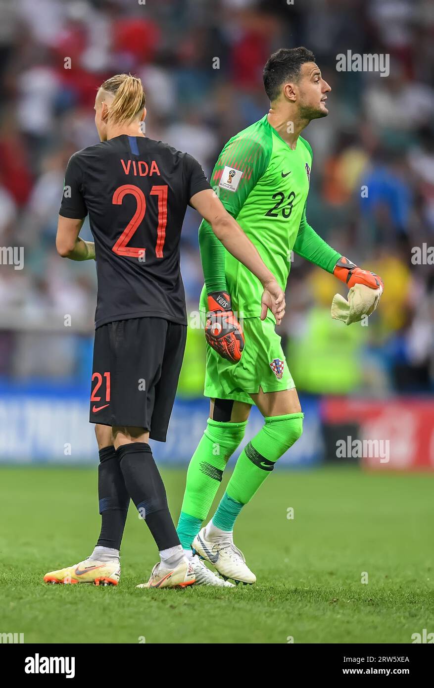 Sochi, Russia – July 7, 2018. Croatia national football team defender Domagoj Vida and goalkeeper Danijel Subasic during World Cup 2018 quarter-final Stock Photo