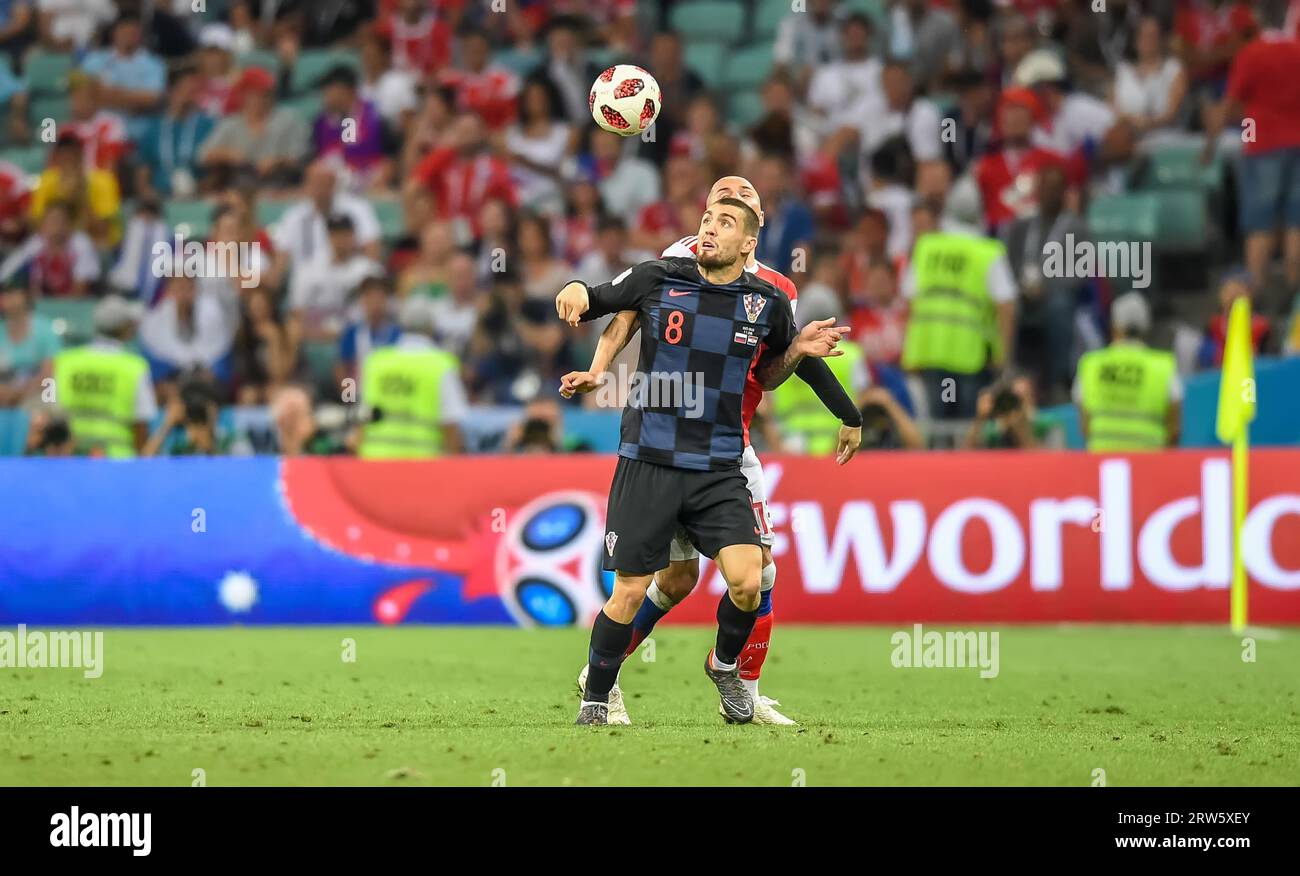 Sochi, Russia – July 7, 2018. Croatia national football team midfielder Mateo Kovacic during World Cup 2018 quarter-final Russia vs Croatia (2-2) Stock Photo