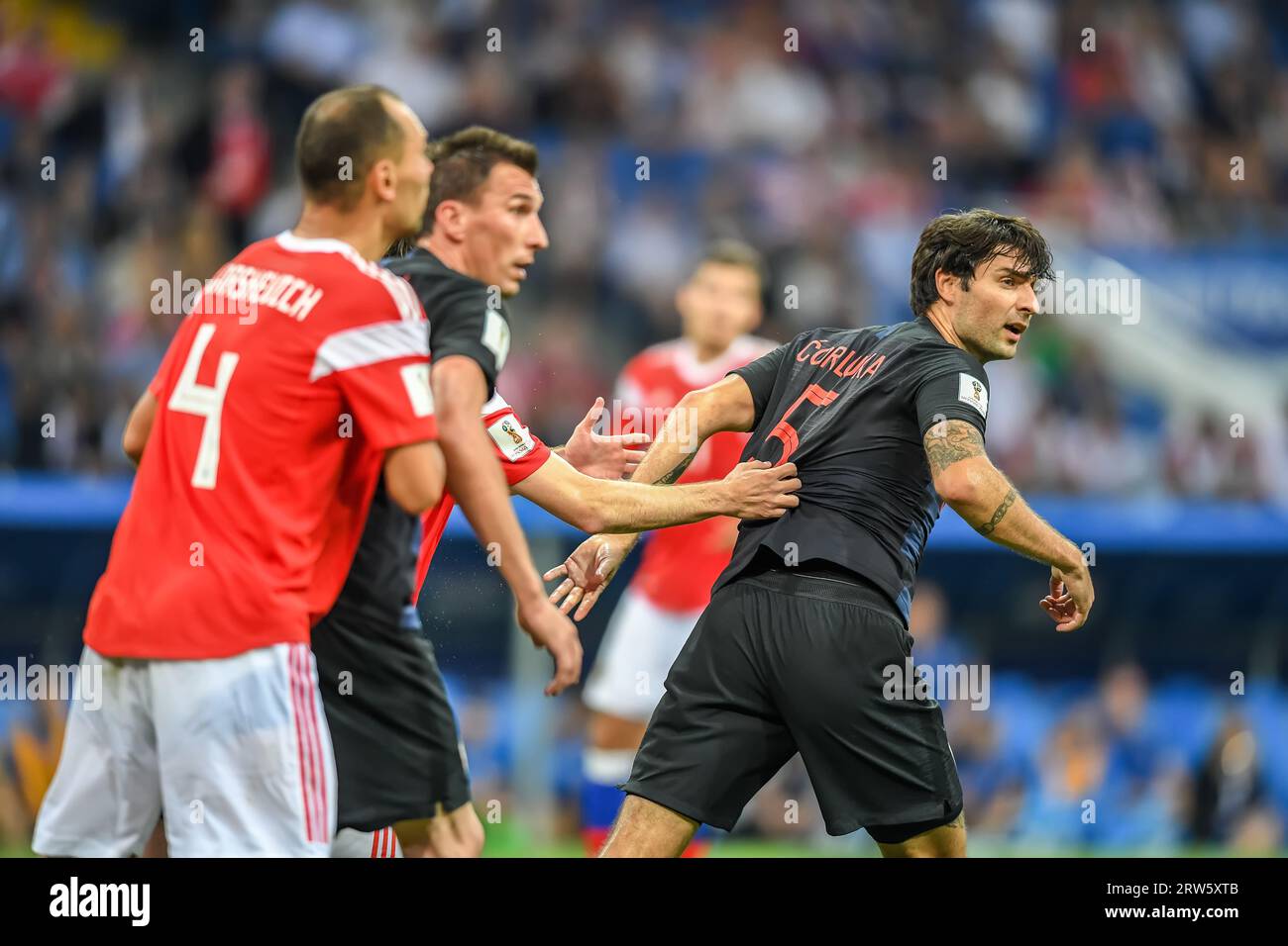 Sochi, Russia – July 7, 2018. Croatia national football team defender Vedran Corluka (No. 5) in action during World Cup 2018 quarter-final Russia vs C Stock Photo