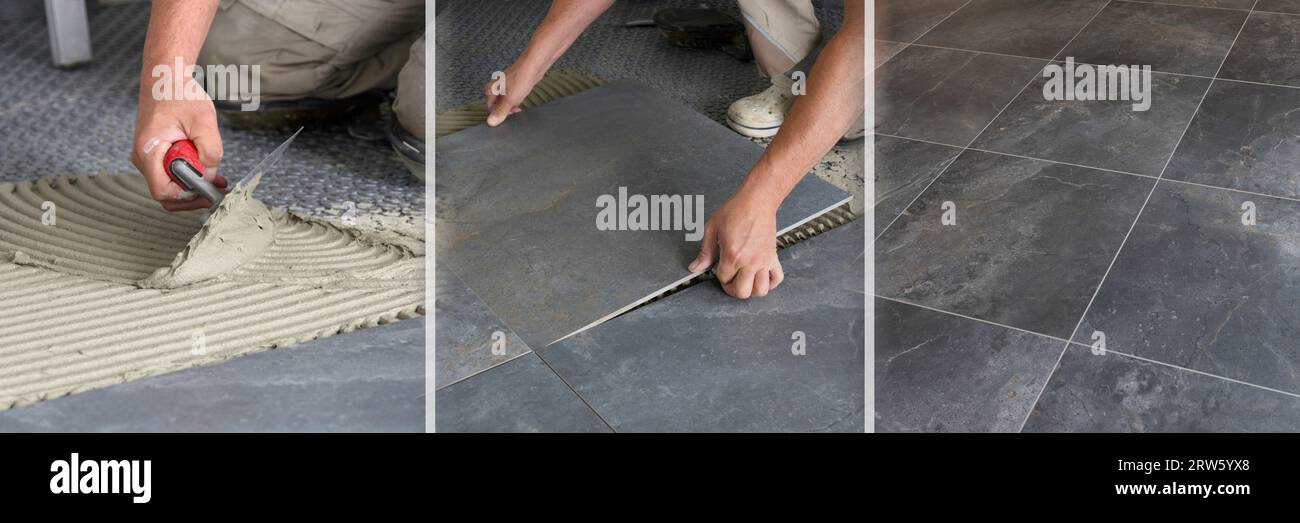Collage of a tiler laying floor tiles, banner format Stock Photo Alamy