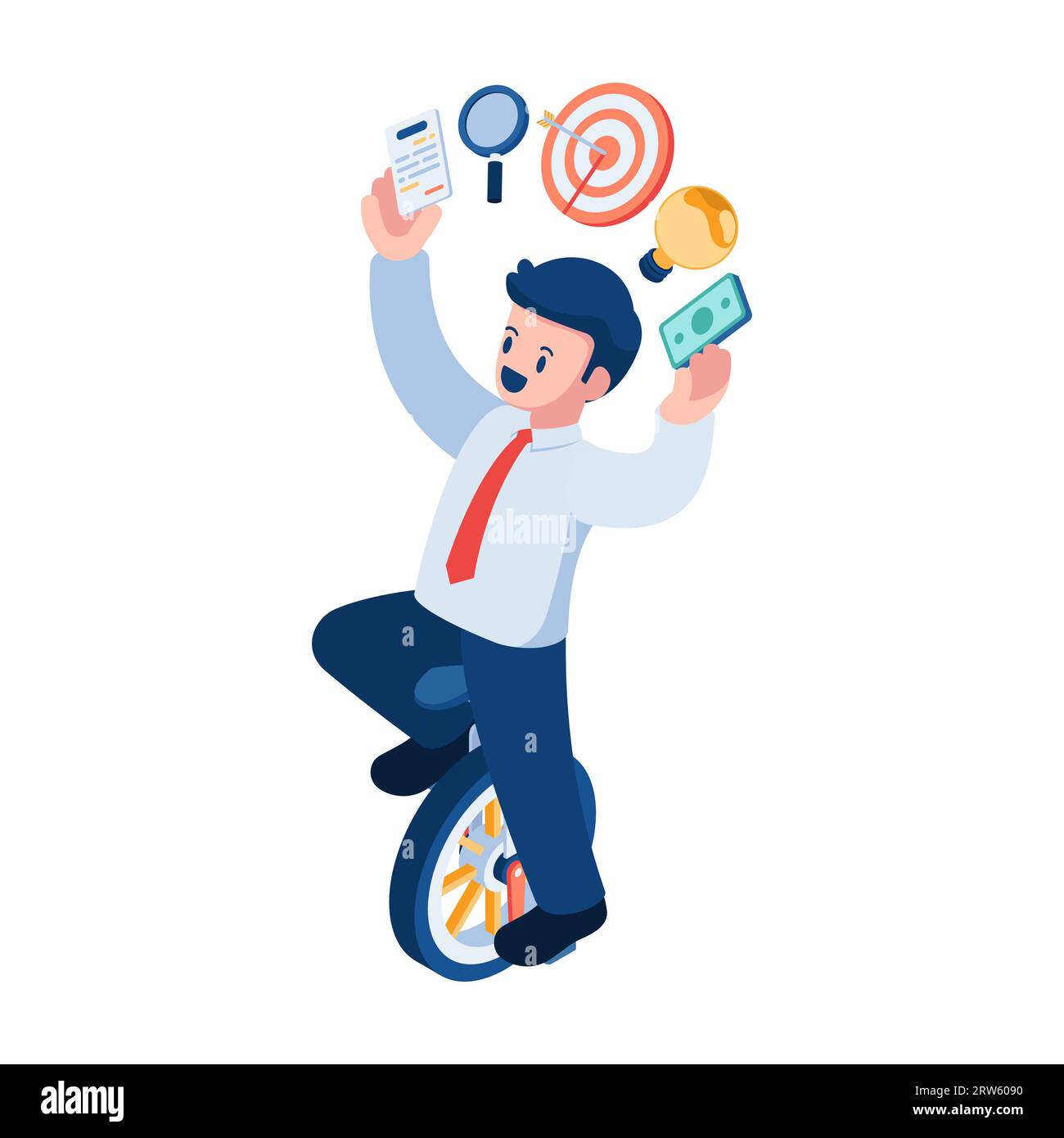 Flat 3d Isometric Businessman Riding Unicycle and Doing Multitasking Work. Multitasking Work and Time Management Concept. Stock Vector