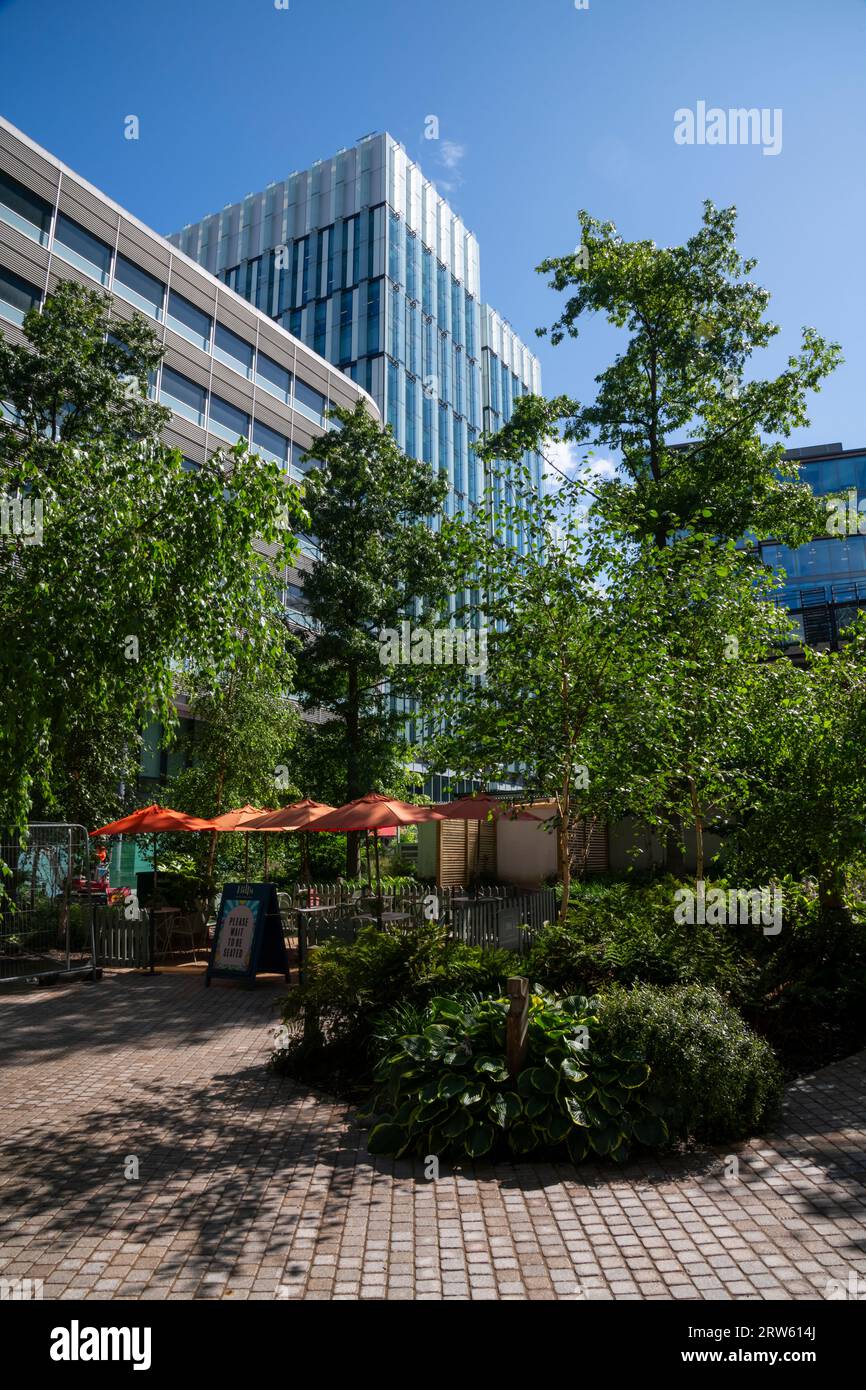 Outdoor restaurant seating area with greenery in Spinningfields