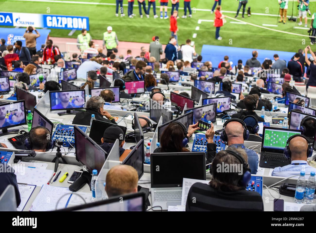 Moscow, Russia – July 3, 2018. Journalists covering World Cup 2018 Round of 16 match Colombia vs England. Stock Photo