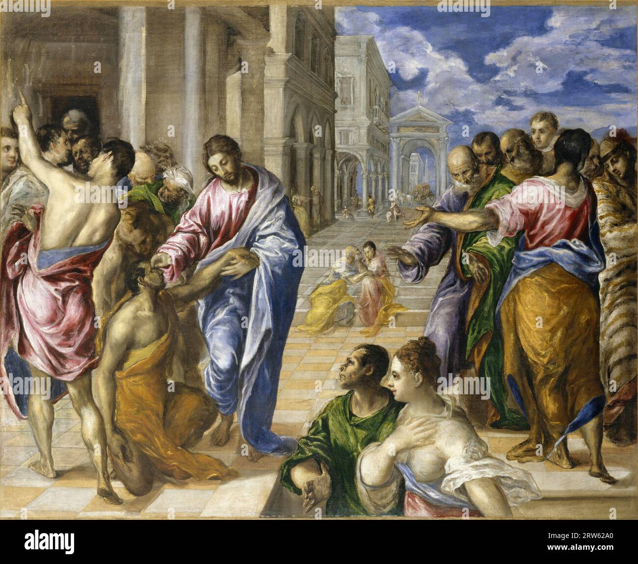 Christ healing the blind, oil painting by Greek artist  El Greco Domenikos Theotokopoulos  ca. 1570 Stock Photo