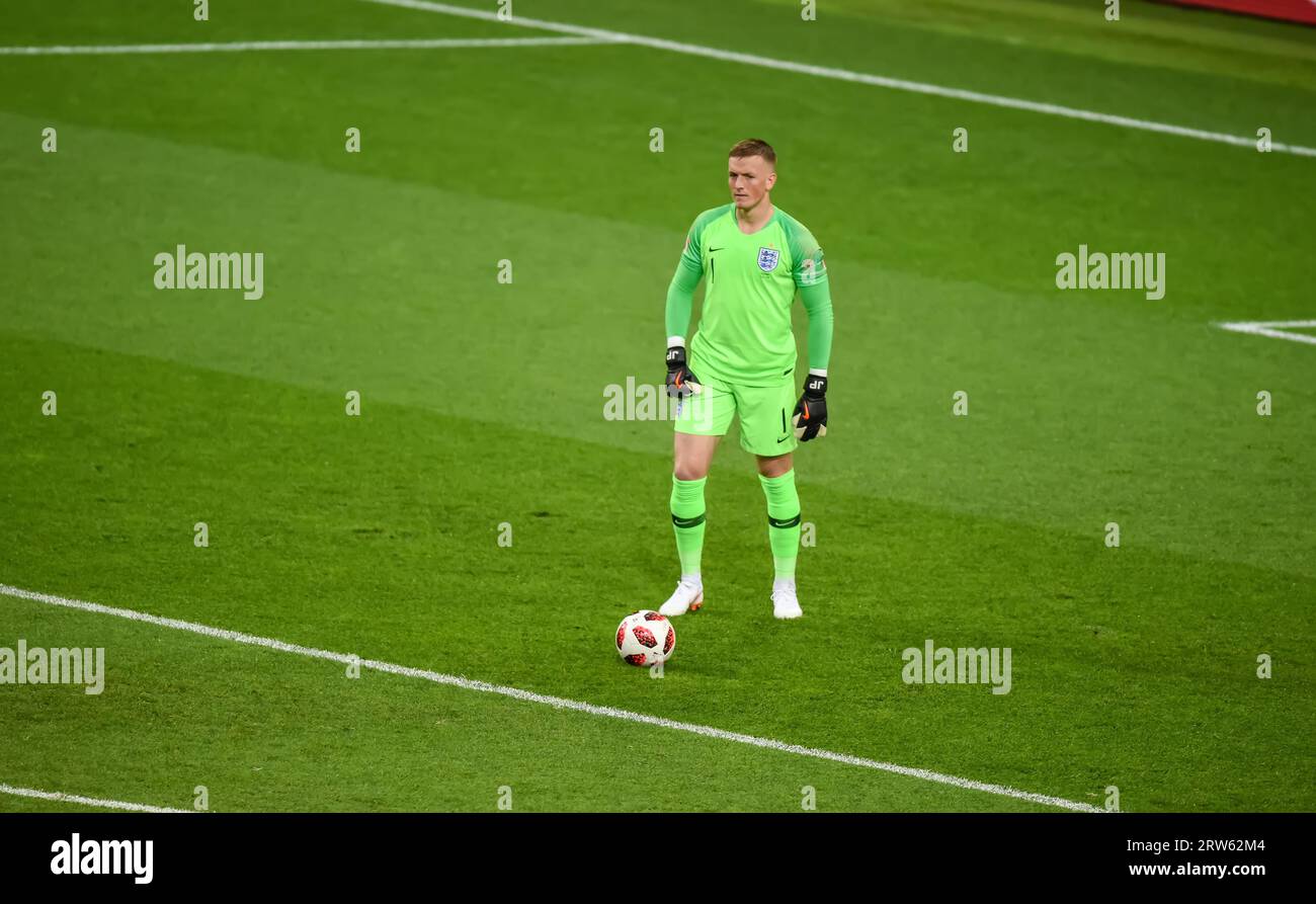 Moscow, Russia – July 3, 2018. England national football team goalkeeper Jordan Pickford during World Cup 2018 Round of 16 match Colombia vs England ( Stock Photo