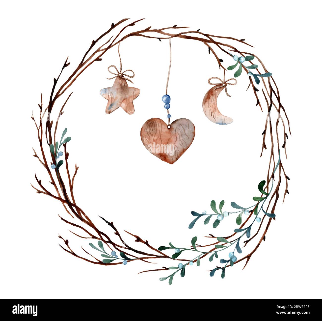 Watercolor round Christmas frame with wooden decorations and mistletoe ...