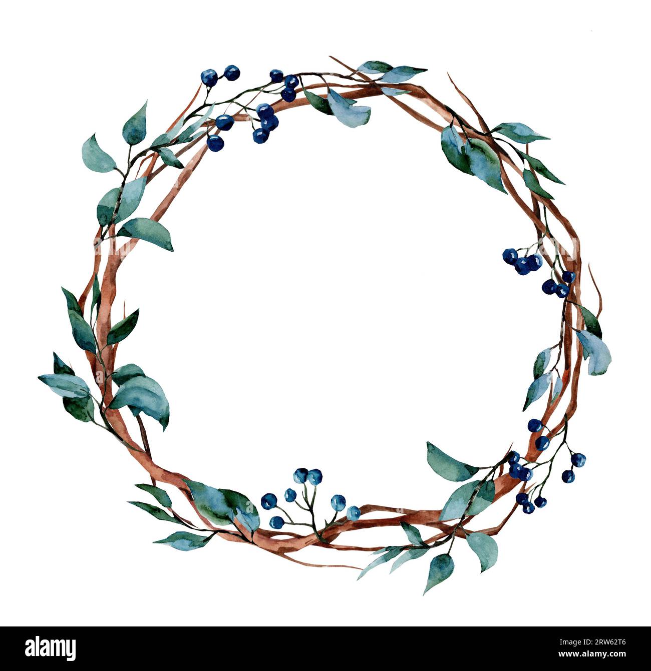 Watercolor round frame with branches and winter berries isolated on ...