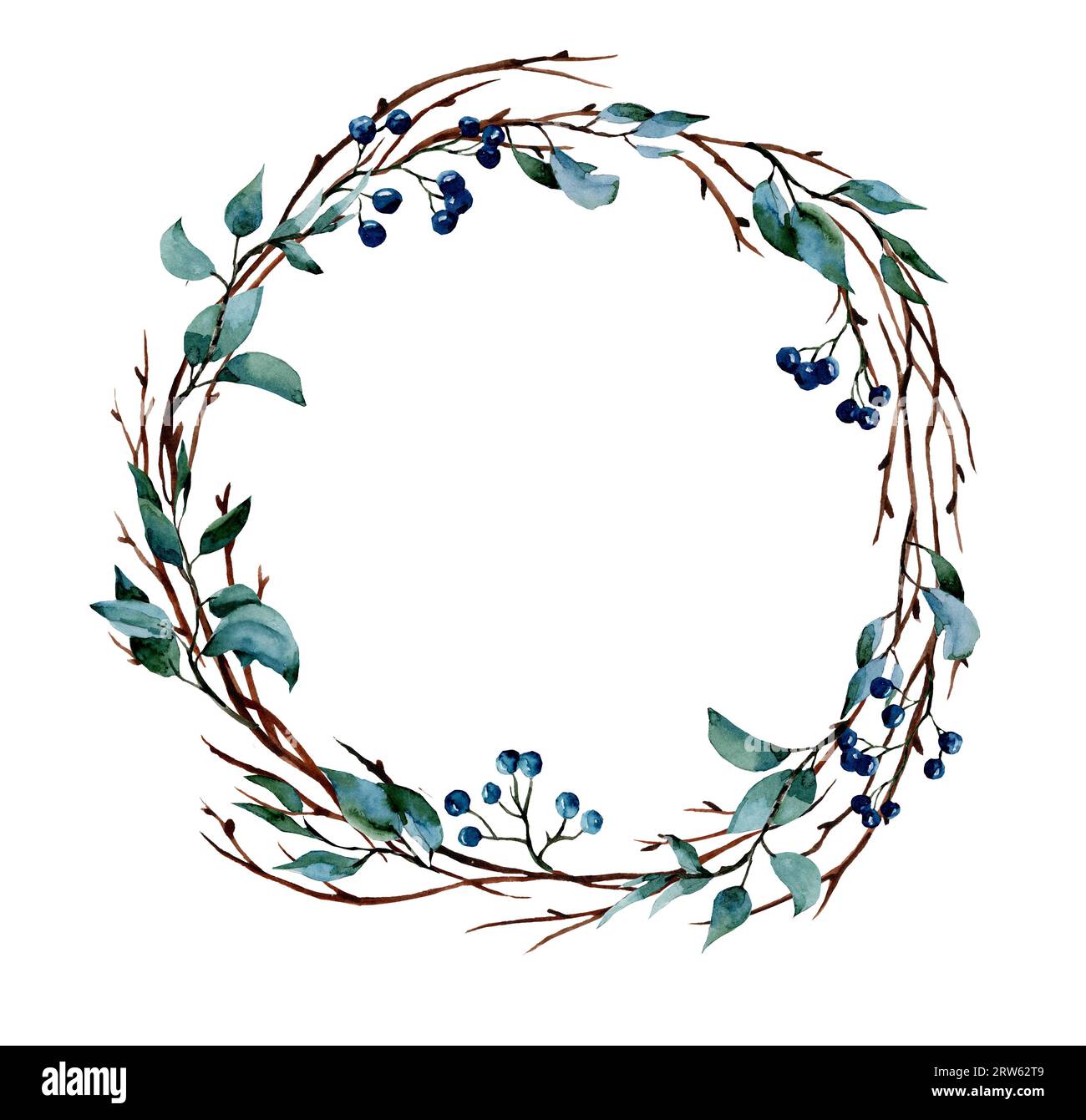 Watercolor round frame with branches and winter berries isolated on ...