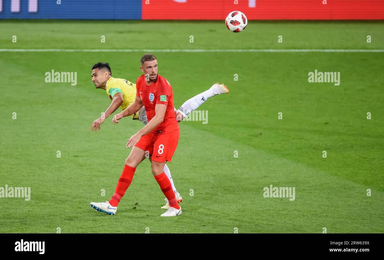 Moscow, Russia – July 3, 2018. England national football team midfielder Jordan Henderson and Colombia striker Radamel Falcao during World Cup 2018 Ro Stock Photo