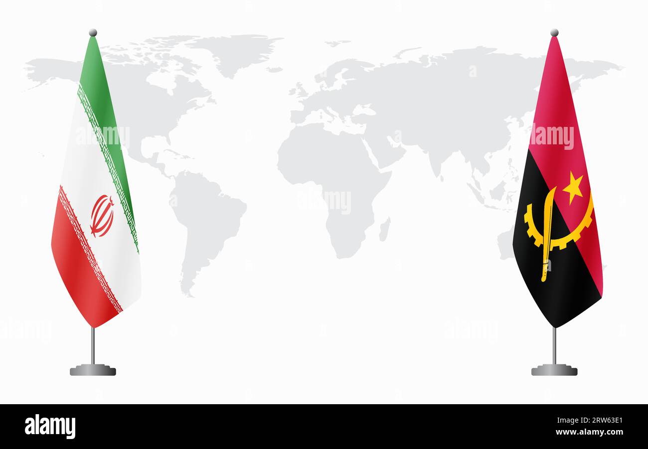 Iran and Angola flags for official meeting against background of world map. Stock Vector