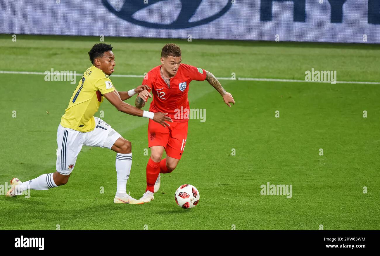 Moscow, Russia – July 3, 2018. England national football team right-back Kieran Trippier and Colombia winger Johan Mojica during World Cup 2018 Round Stock Photo