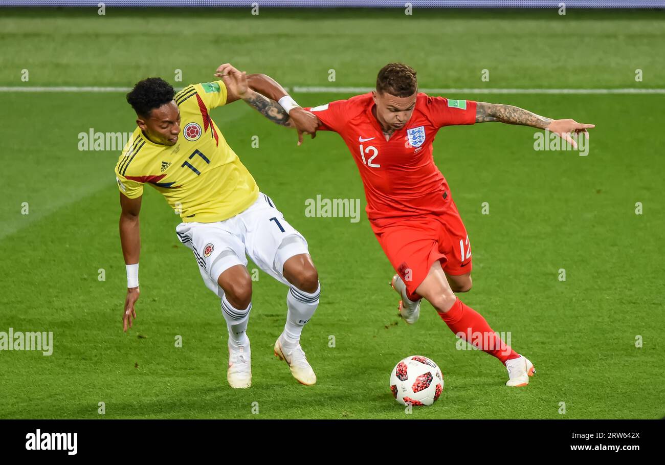 Moscow, Russia – July 3, 2018. England national football team right-back Kieran Trippier and Colombia winger Johan Mojica during World Cup 2018 Round Stock Photo