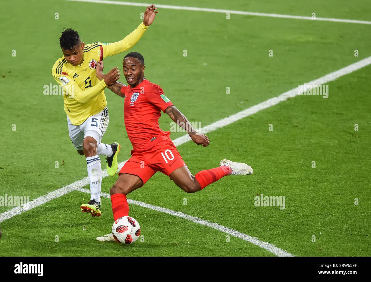 Moscow, Russia – July 3, 2018. England national football team winger Raheem Sterlin and Colombia midfielder Wilmar Barrios during World Cup 2018 Round Stock Photo