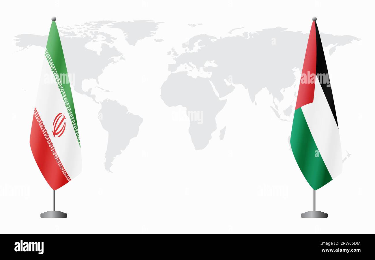 Iran and Palestine flags for official meeting against background of world map. Stock Vector