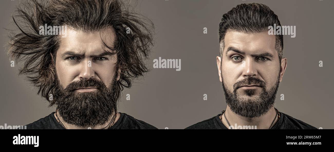 Shaving, hairstyling. Beard, shave before, after. Collage man before