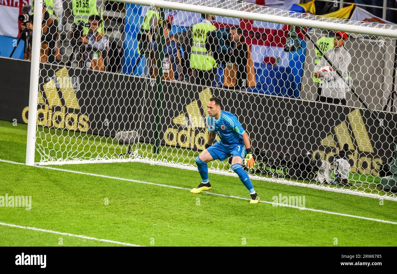 Moscow, Russia – July 3, 2018. Colombia national football team goalkeeper David Ospina during a penalty kick in World Cup 2018 Round of 16 match Colom Stock Photo