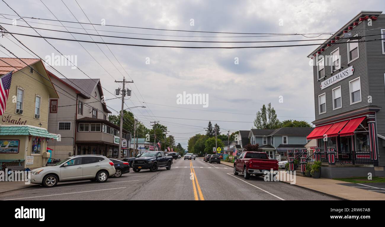 Buildings and traffic along Main Street in Bemus Point, New York, USA