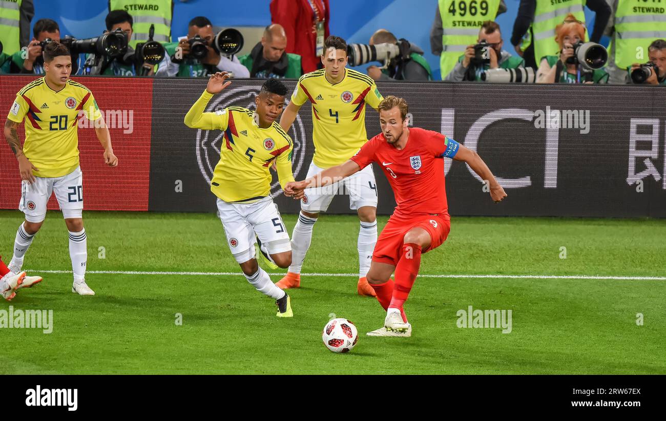 Moscow, Russia – July 3, 2018. England national football team striker Harry Kane and Colombia players Wilmar Barrios and Santiago Arias during World C Stock Photo