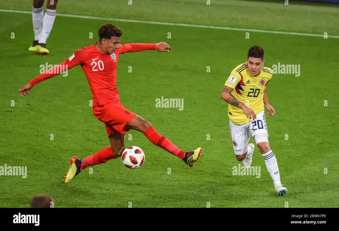 Moscow, Russia – July 3, 2018. England national football team midfielder Dele Alli and Colombia midfielder Juan Quintero during World Cup 2018 Round o Stock Photo