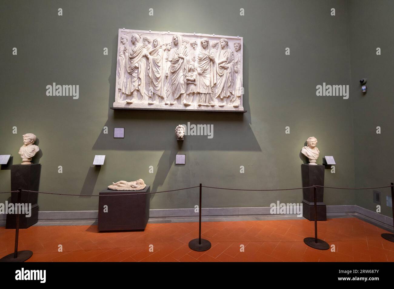A Room of Roman Art  -  The large hanging casting is of the Relief of the Ara Pacis Augustae with Procession, on display in the room of Roman Art at t Stock Photo