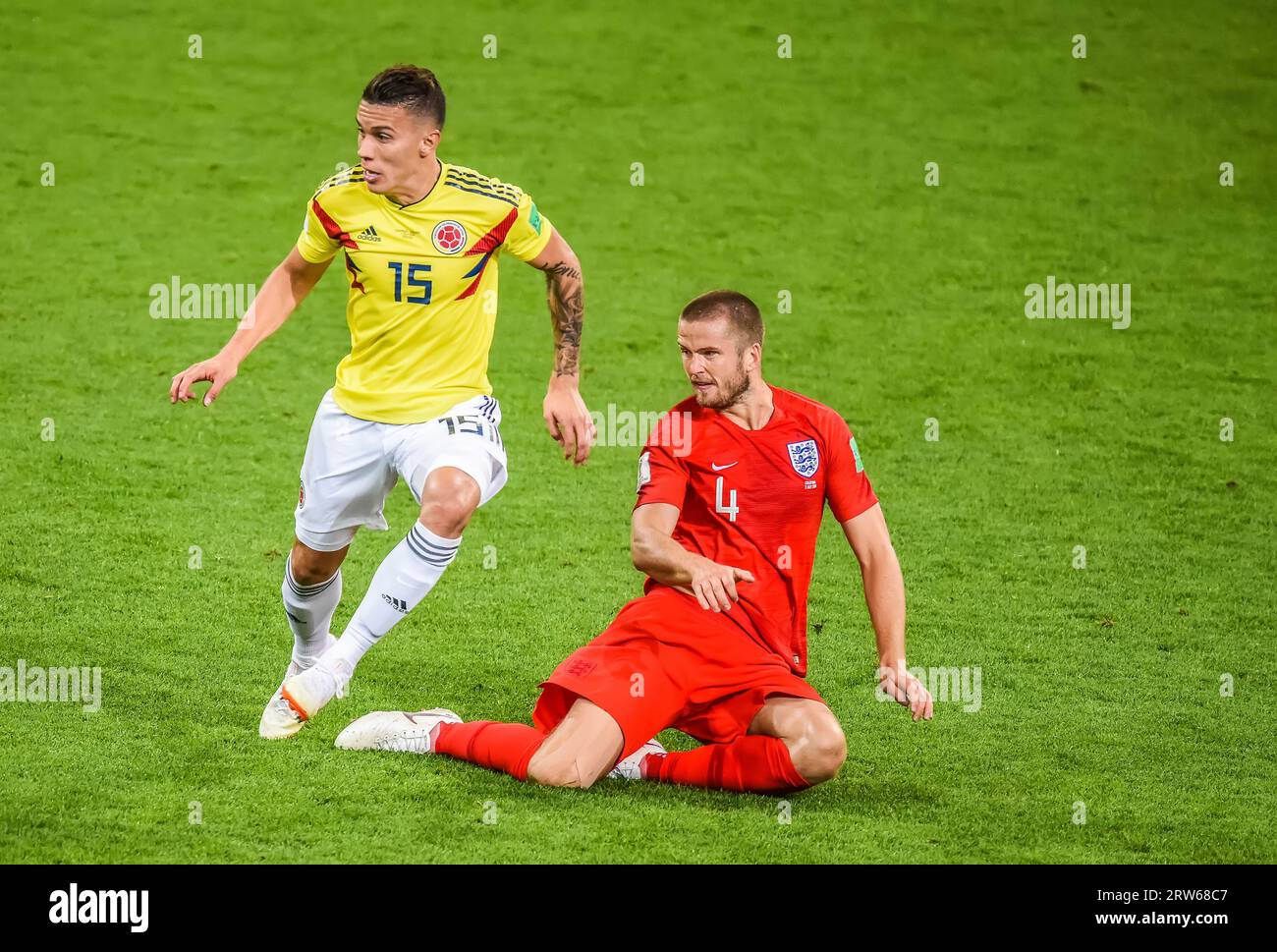 Moscow, Russia – July 3, 2018. Colombia national football team midfielder Mateus Uribe and England defender Eric Dier during World Cup 2018 Round of 1 Stock Photo