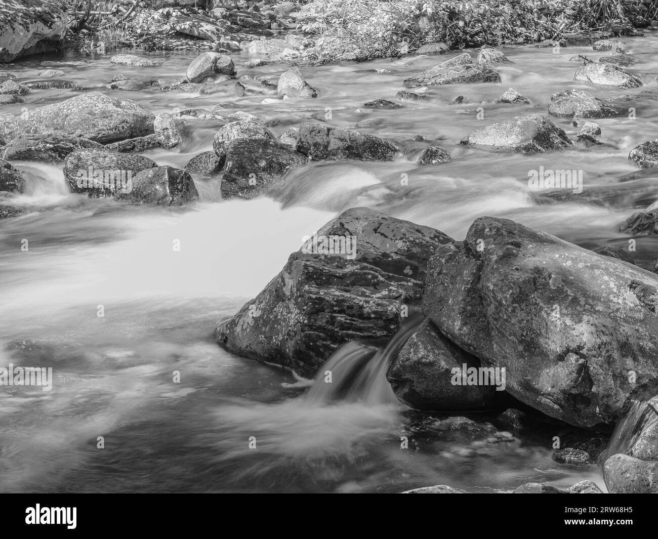 A black and white long exposure shot of a river meandering through a