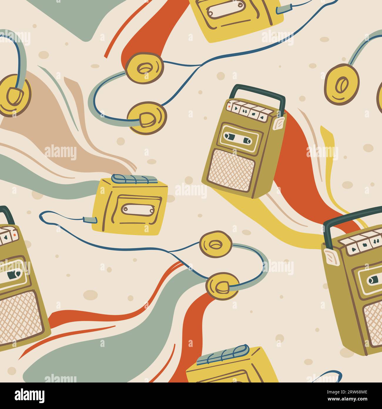 Old school magnetophone or player with headphones and buttons for cassettes. Vintage or retro gadgets for personal usage. Seamless pattern, wallpaper Stock Vector