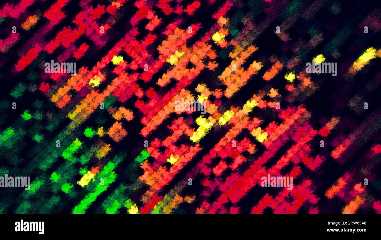 Colorful dots in linear flow. Motion. Flashing colorful dots move