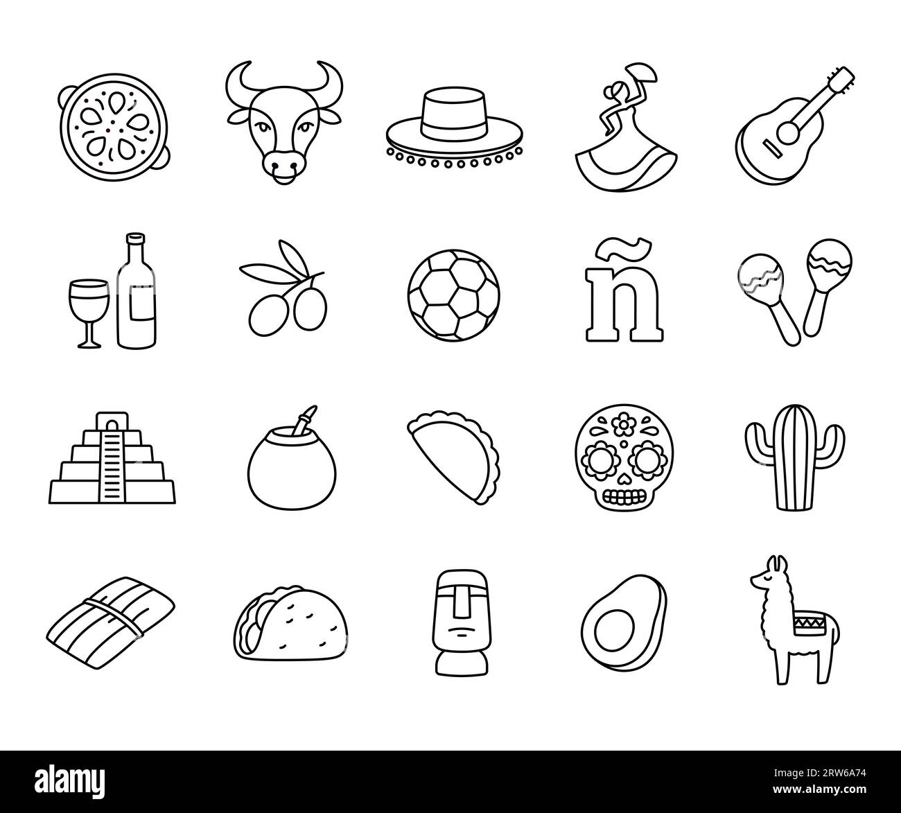 Spanish language and Hispanic cultures icons, hand drawn doodle style. Spain and Latin America symbols. Vector line art illustration. Stock Vector