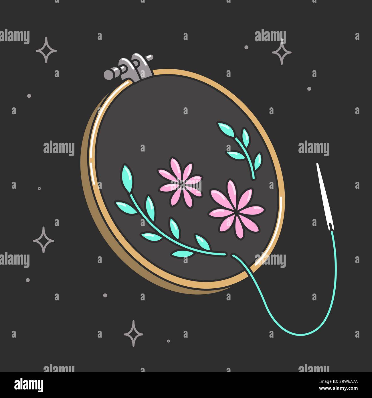 Embroidery hoop, thread and needle, DIY crafts drawing. Simple cartoon