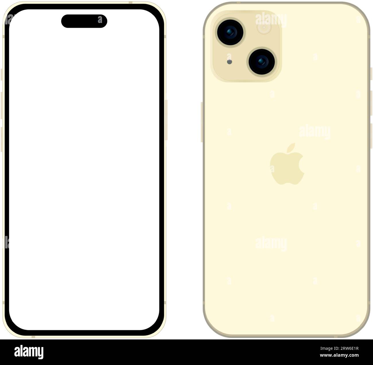 New yellow Apple iPhone 15 smartphone model, mockup template on white background - Vector illustration Stock Vector