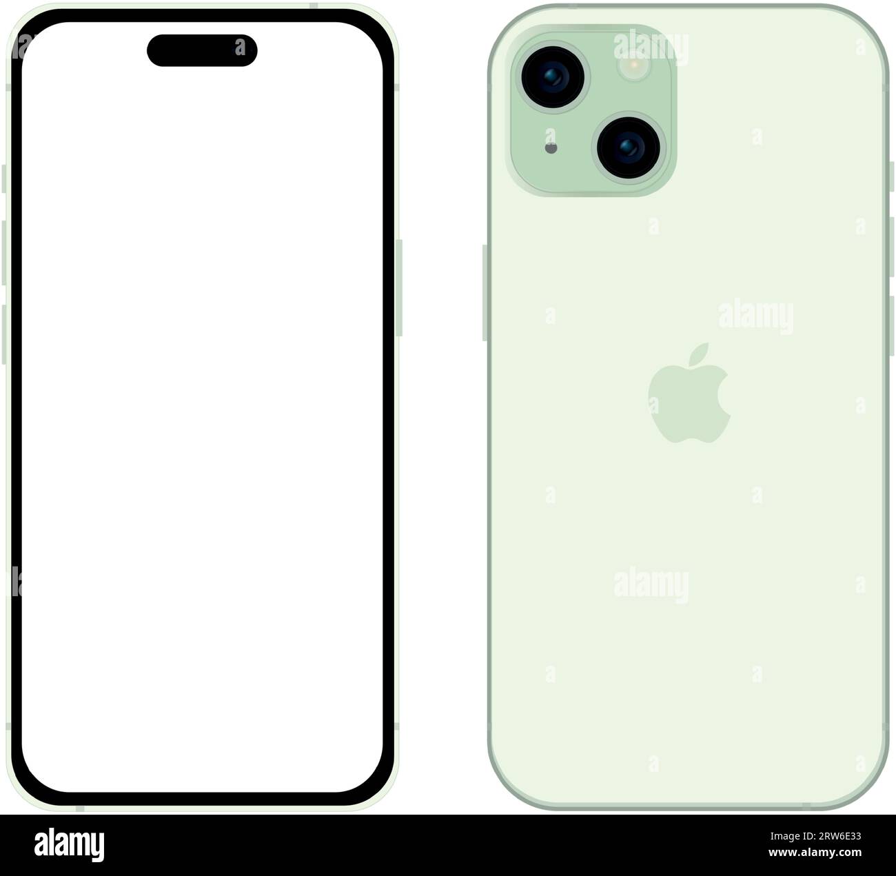 New green Apple iPhone 15 smartphone model, mockup template on white background - Vector illustration Stock Vector