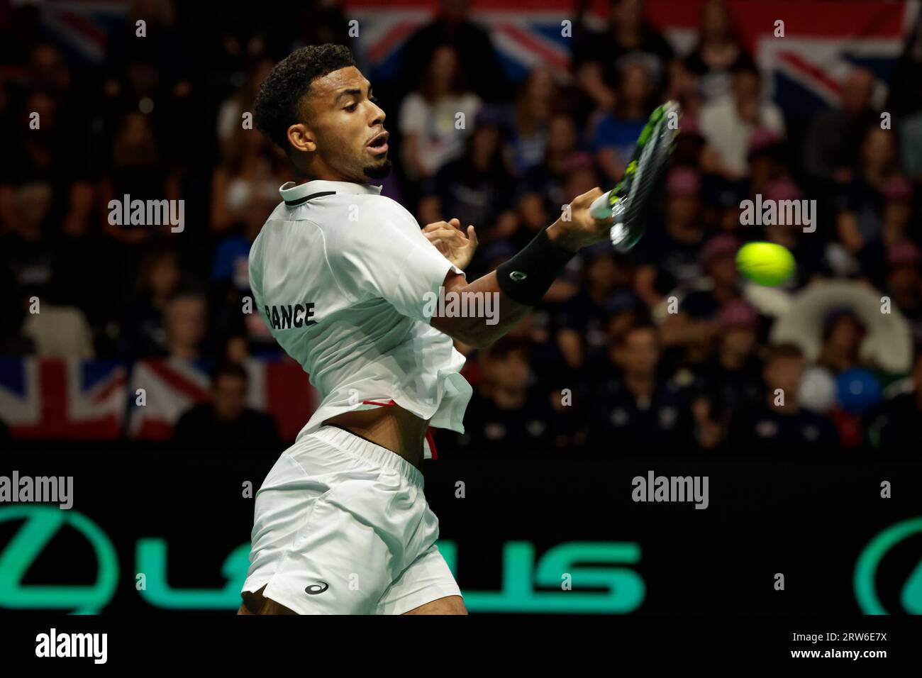 Arthur Fils (FRA) in action) in action against Daniel Evans (GBR) during his Davis Cup match Great Britain vs France at Manchester AO Arena, Manchester, United Kingdom, 17th September 2023  (Photo by Conor Molloy/News Images) Stock Photo