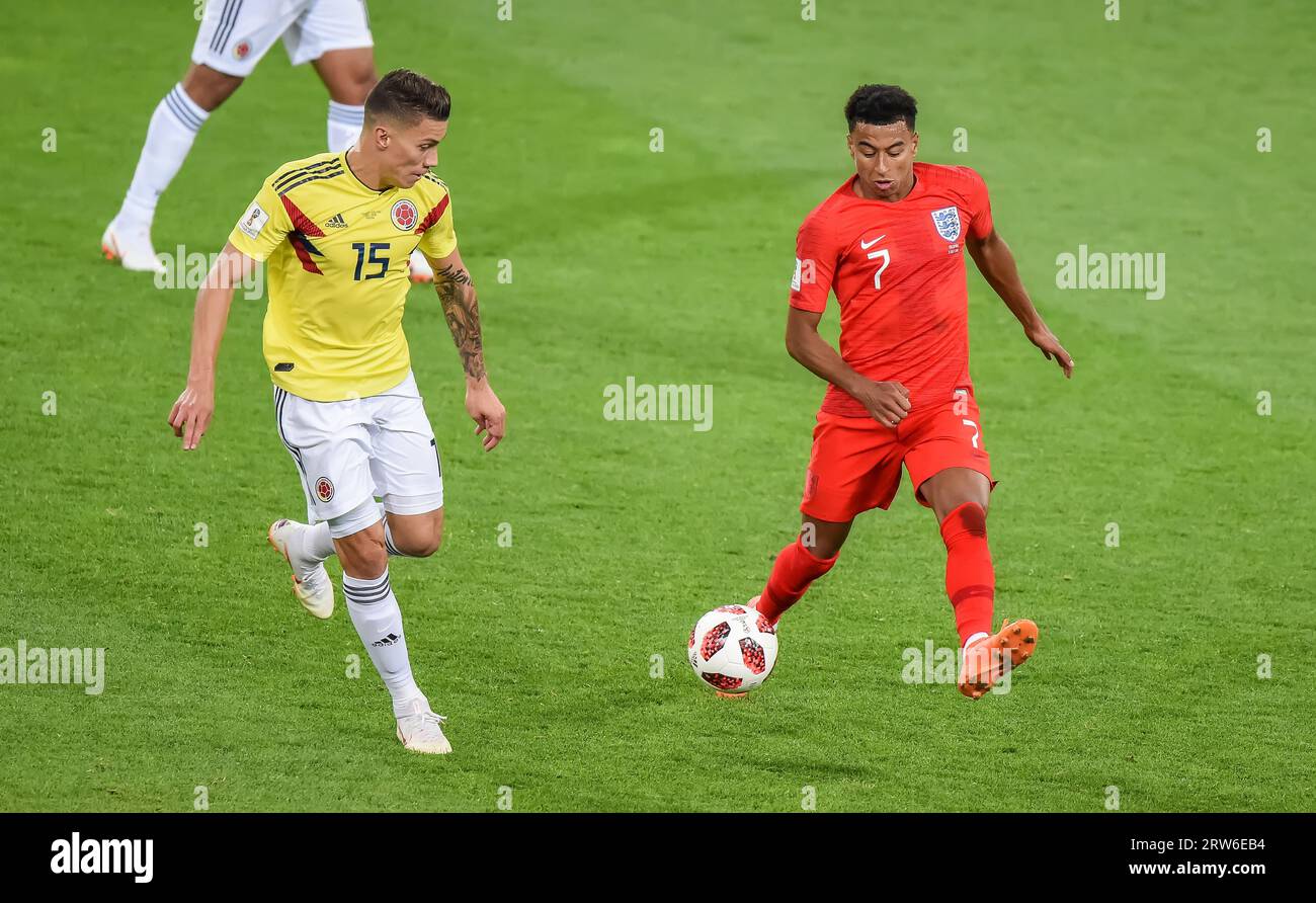 Moscow, Russia – July 3, 2018. Colombia national football team midfielder Mateus Uribe and England winger Jesse Lingard during World Cup 2018 Round of Stock Photo