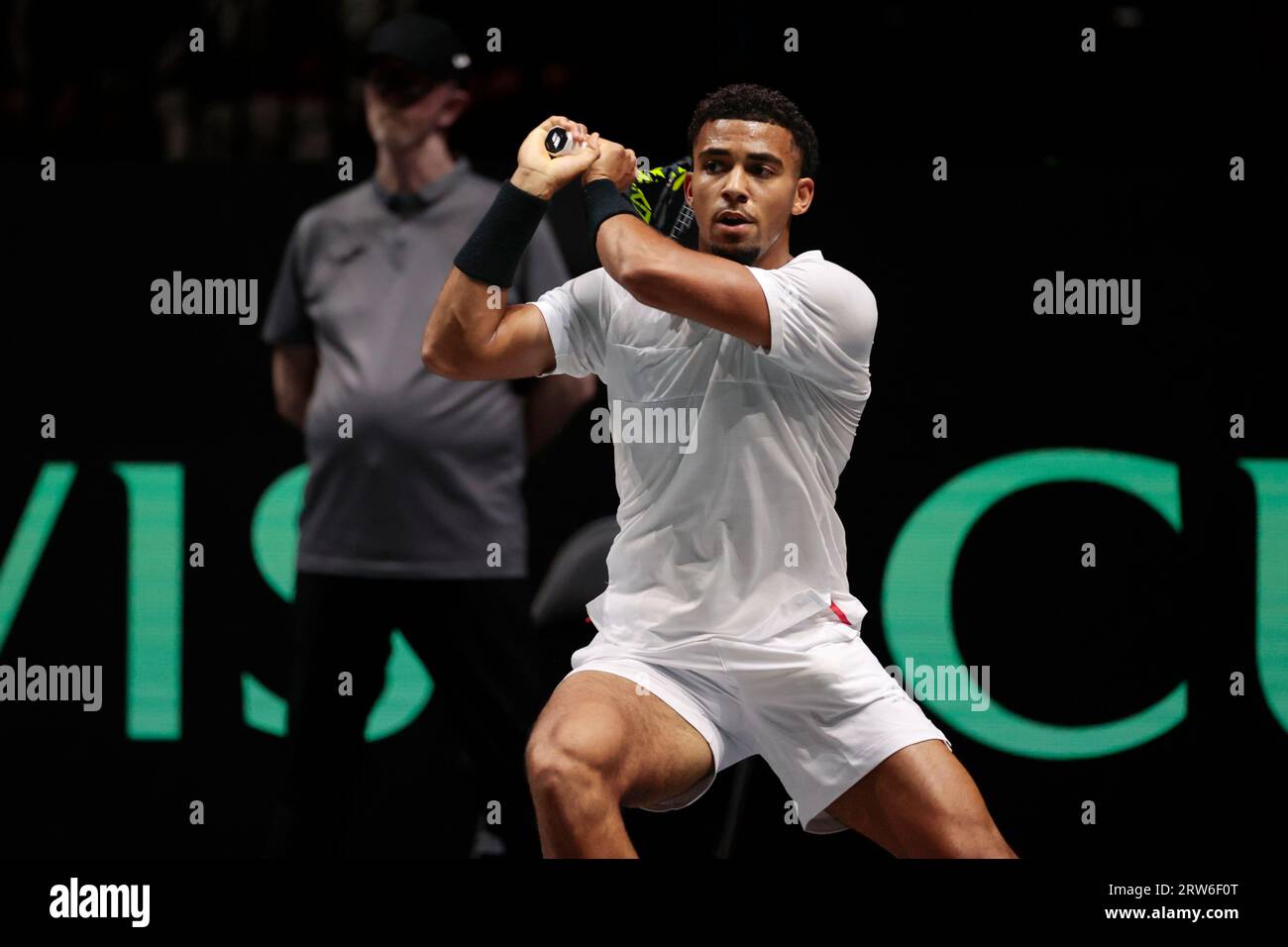 Arthur Fils (FRA) in action) in action against Daniel Evans (GBR) during his Davis Cup match Great Britain vs France at Manchester AO Arena, Manchester, United Kingdom, 17th September 2023  (Photo by Conor Molloy/News Images) Stock Photo