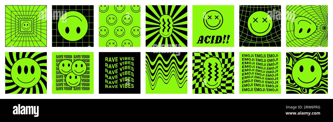 Trippy smiles. Y2k face emoji. Acid rave art. Cool graphic print with text. Toxic crazy emoticon. Aliens funny smiley. Glitch and melt design. Neon gr Stock Vector