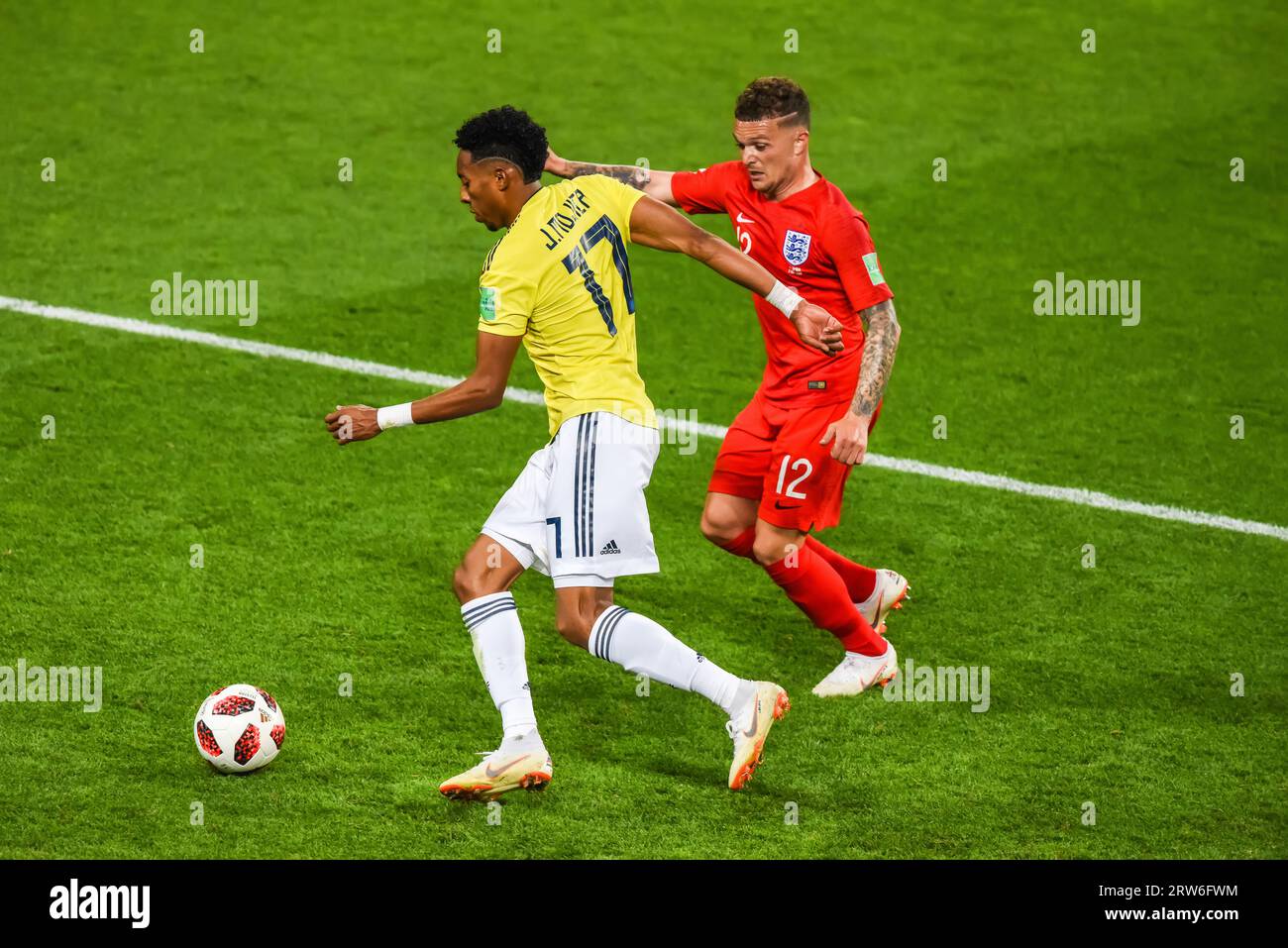 Moscow, Russia – July 3, 2018. England national football team right-back Kieran Trippier against Colombia winger Johan Mojica during World Cup 2018 Ro Stock Photo
