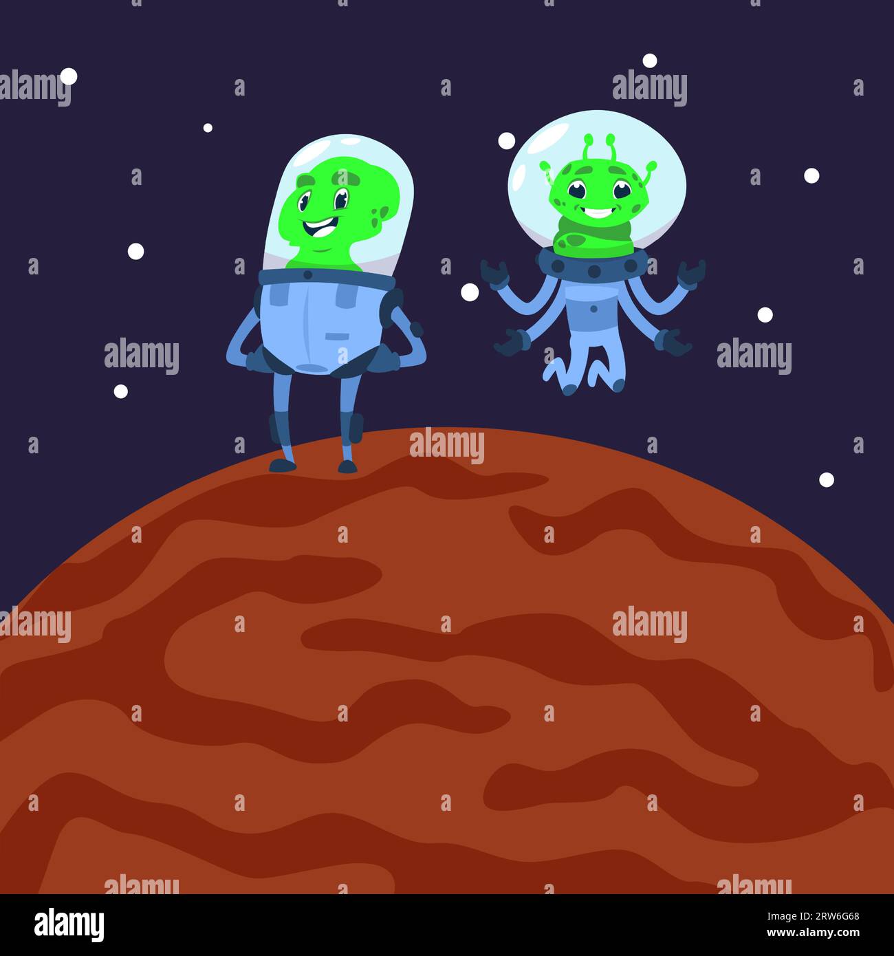 Alien on planet. Cosmonauts on planet. Cute friendly monster astronauts in spacesuit. Childish print or poster, space adventures. Explore universe car Stock Vector