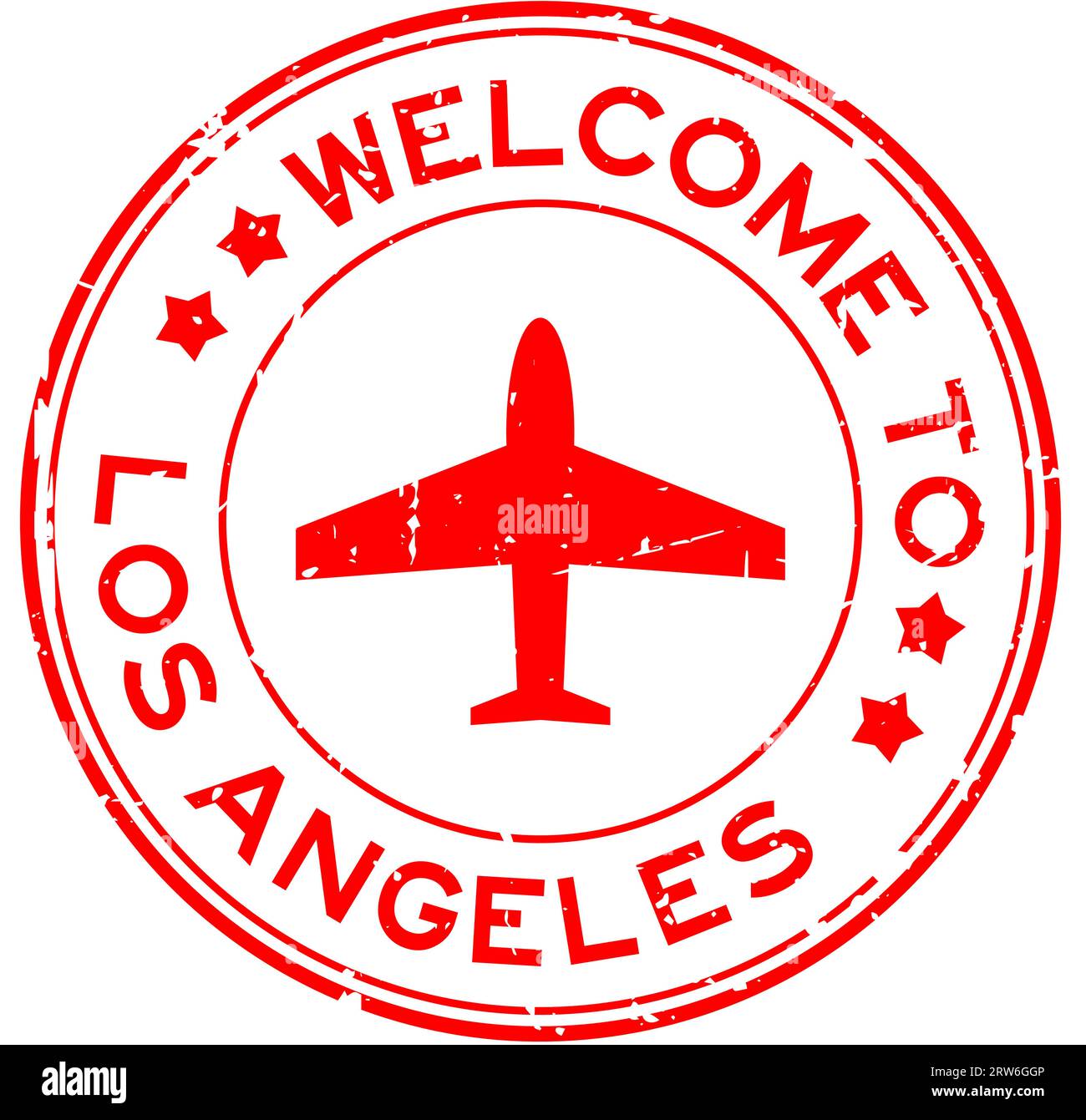 Grunge green to los angeles word with plane icon round rubber