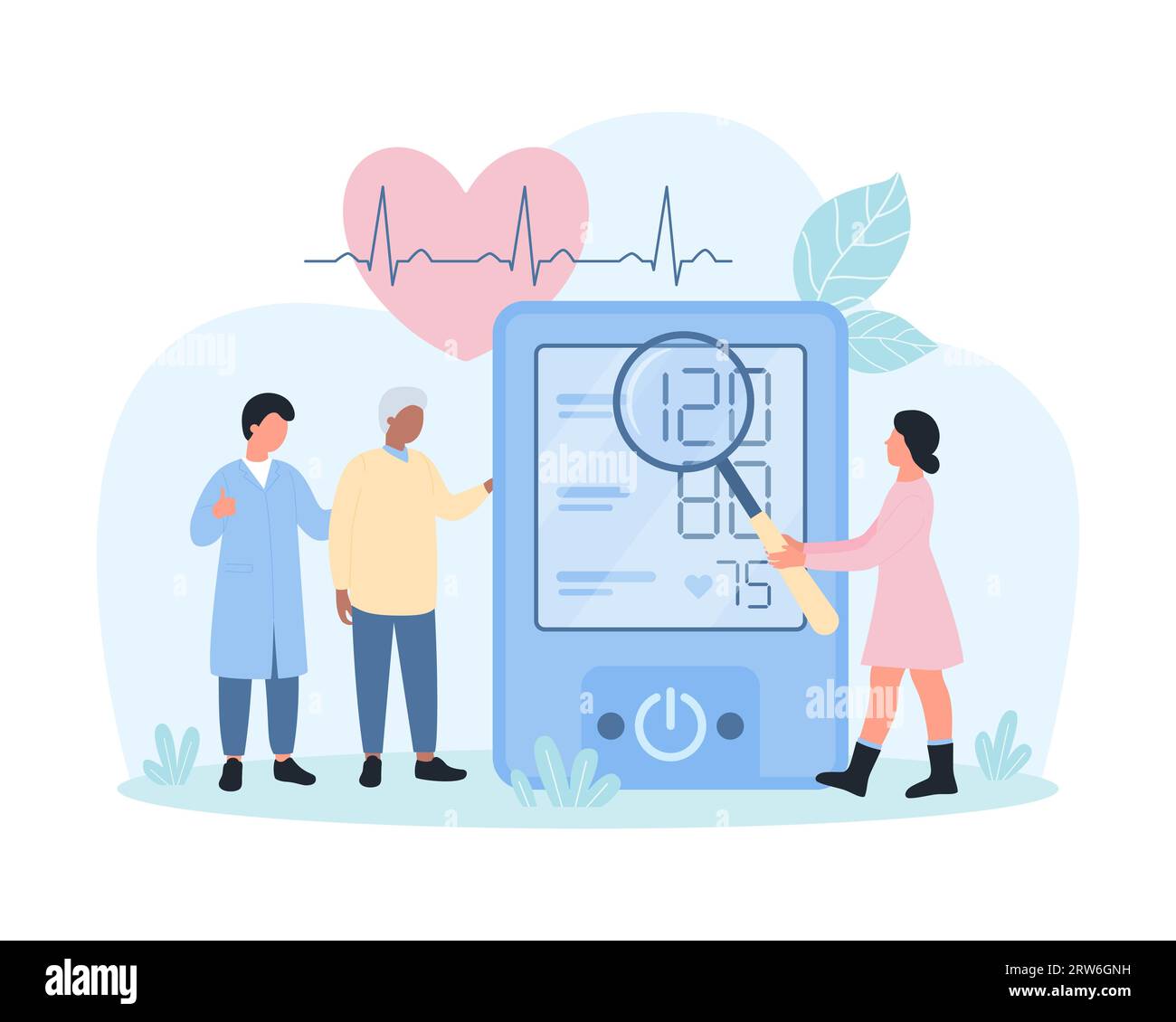Arterial hypertension, cardiovascular system checkup vector illustration. Cartoon tiny doctors measuring blood pressure of patient using electronic device, people check readings with magnifying glass Stock Vector